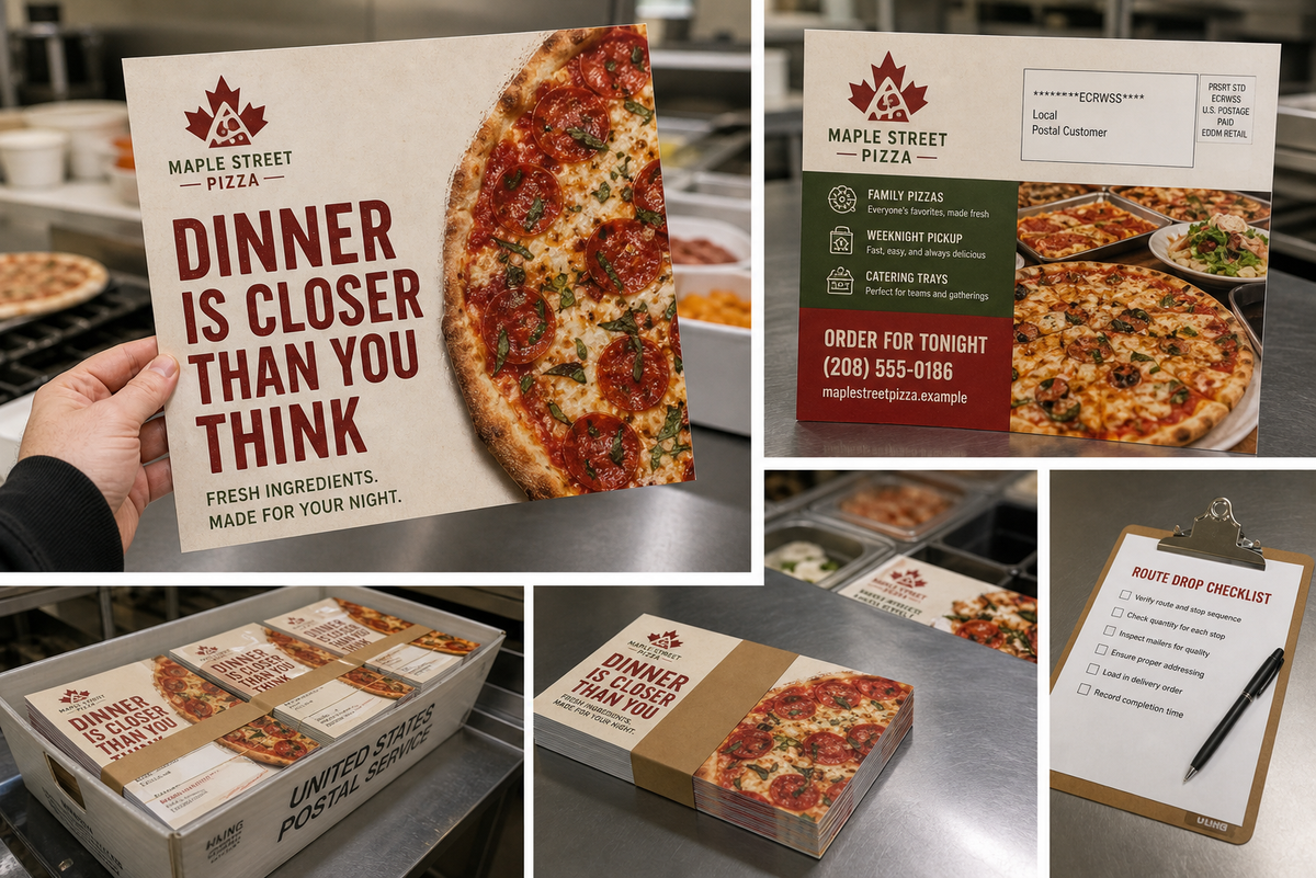 Product design example for Maple Street Pizza showing 8.5 by 11 EDDM mailers, bundles, postal tray, and drop checklist