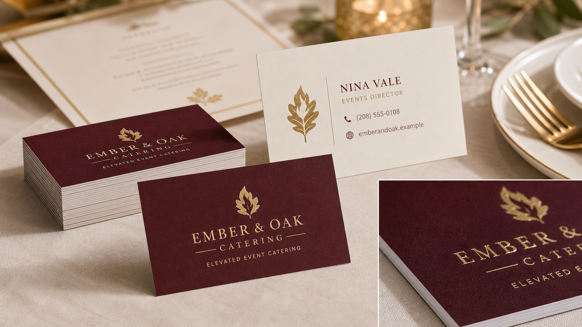 Product design example for Ember and Oak Catering showing standard business cards in an event setting