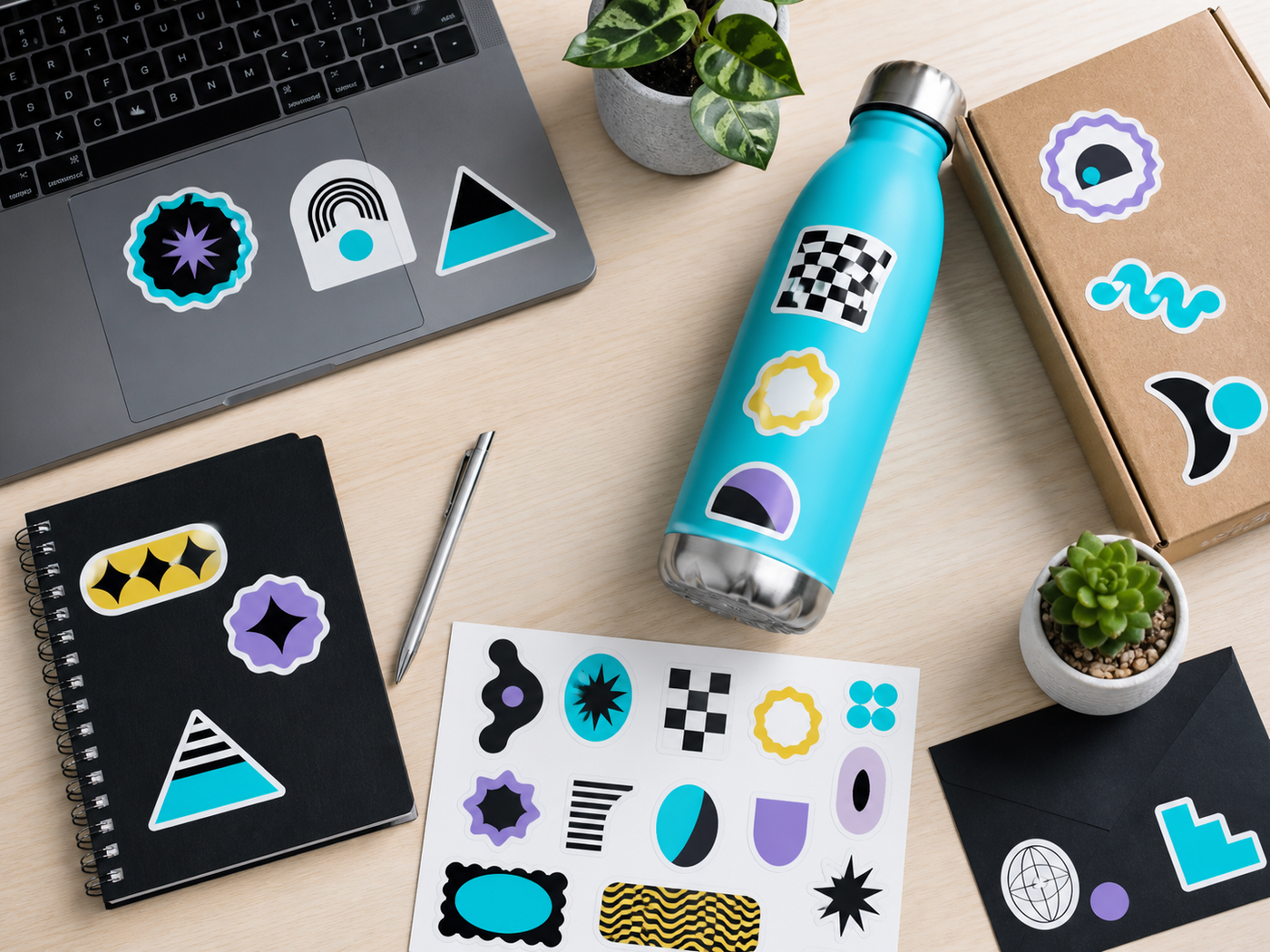 Custom die-cut stickers used on a laptop, bottle, and packaging