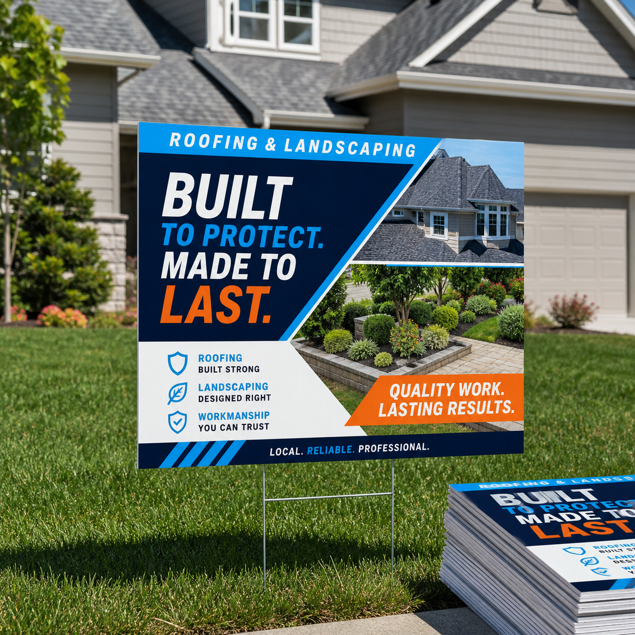 24 × 18 full-color, double-sided corrugated plastic yard signs with wire stakes. Select the quantity shown in the package label; shipping is calculated at checkout.