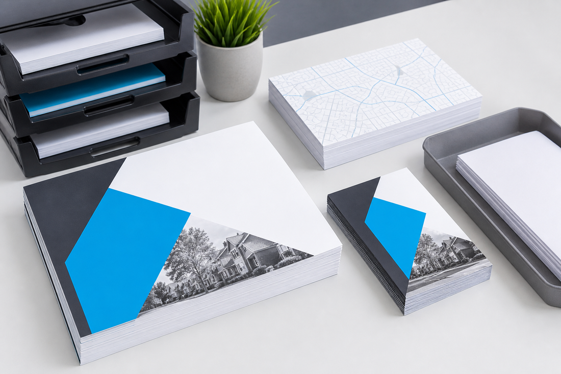 Mailing trays and postcard stacks prepared without visible addresses
