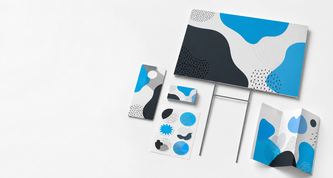 Door hanger among coordinated printed marketing pieces