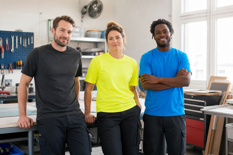 Small-business team wearing coordinated custom shirts