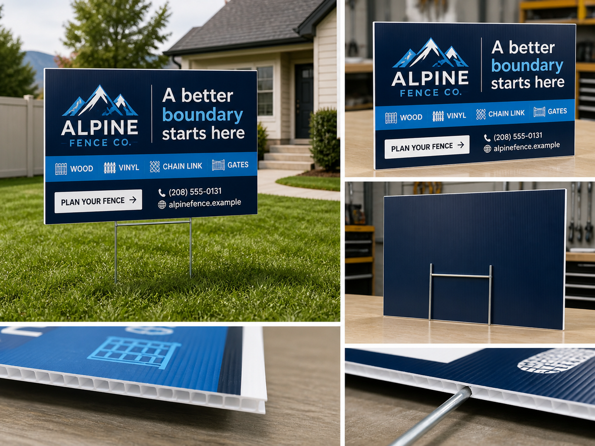Product design example for Alpine Fence Company showing a 24 by 18 corrugated yard sign installed, front, back, edge, and stake
