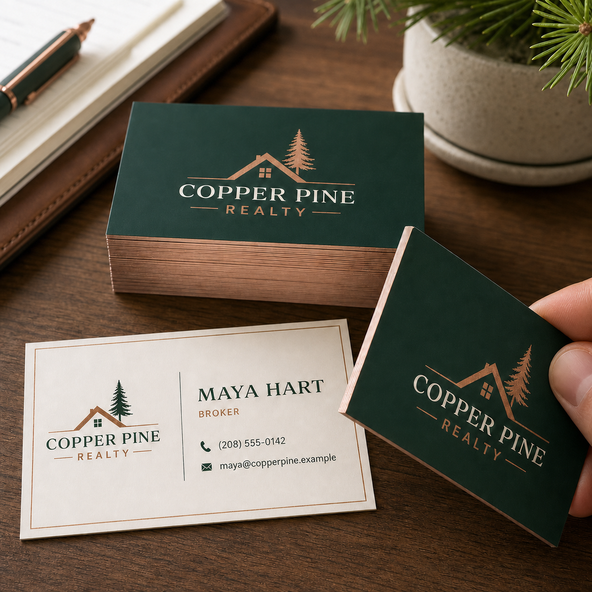 Product design example for Copper Pine Realty showing standard business cards in a coordinated brand scene