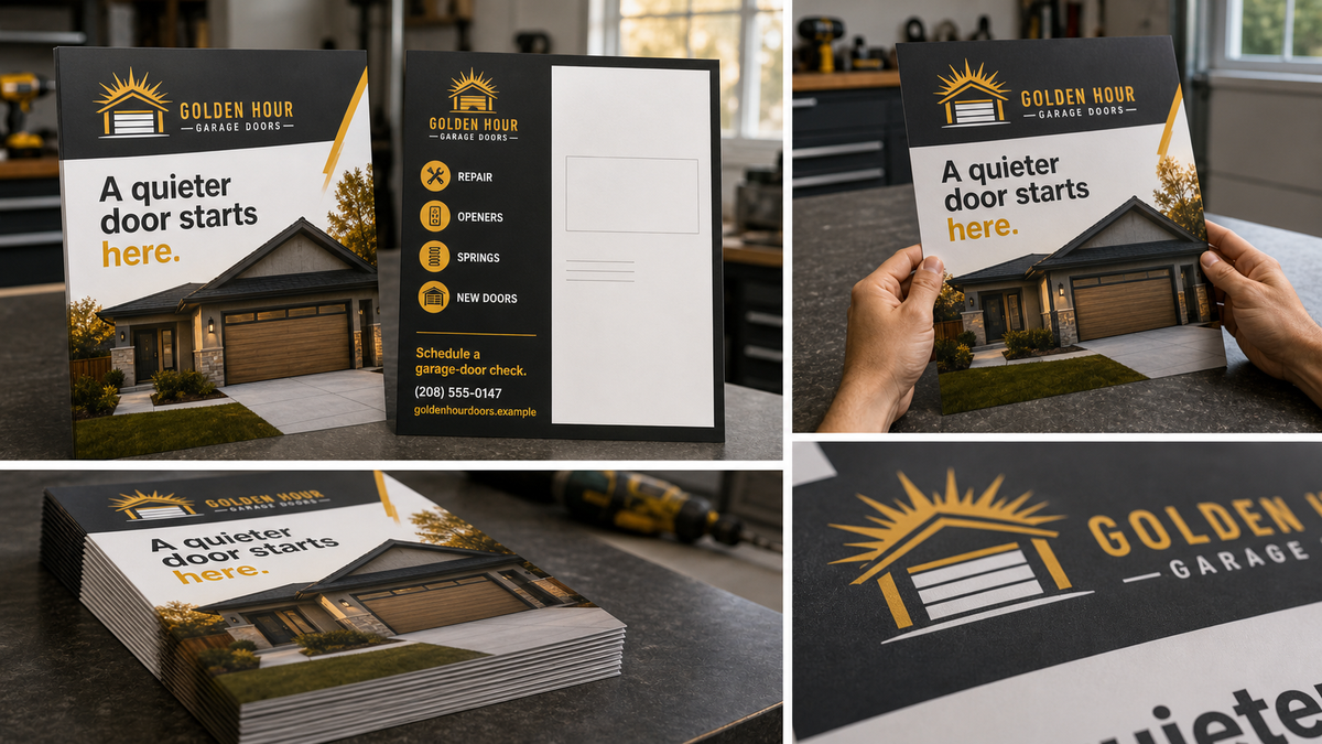 Product design example for Golden Hour Garage Doors showing an 8.5 by 11 EDDM mailer front, back, stock, and size