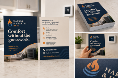 Product design example for Harbor and Hearth HVAC showing handout front, back, stack, size, and paper detail
