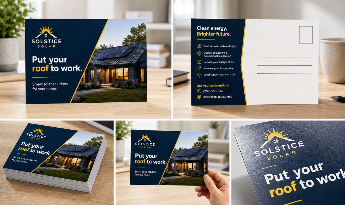 Product design example for Solstice Solar showing 4 by 6 postcard front, back, address area, stack, and finish