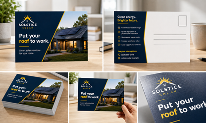 Product design example for Solstice Solar showing 4 by 6 postcard front, back, address area, stack, and finish