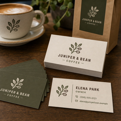 Product design example for Juniper and Bean Coffee showing standard business card fronts, backs, and stock
