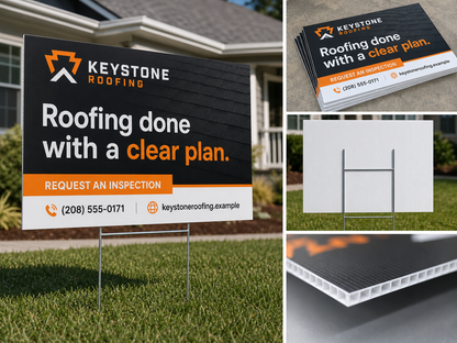 Product design example for Keystone Roofing showing 24 by 18 corrugated yard signs installed, stacked, back, and fluted edge