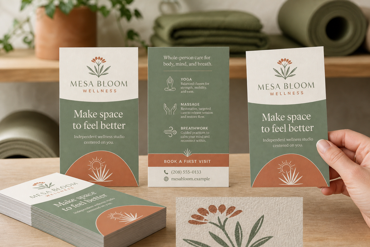 Product design example for Mesa Bloom Wellness showing 4 by 6 handout front, back, stack, and texture