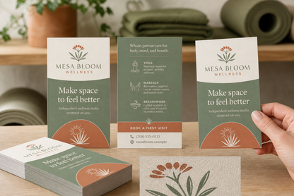 Product design example for Mesa Bloom Wellness showing 4 by 6 handout front, back, stack, and texture