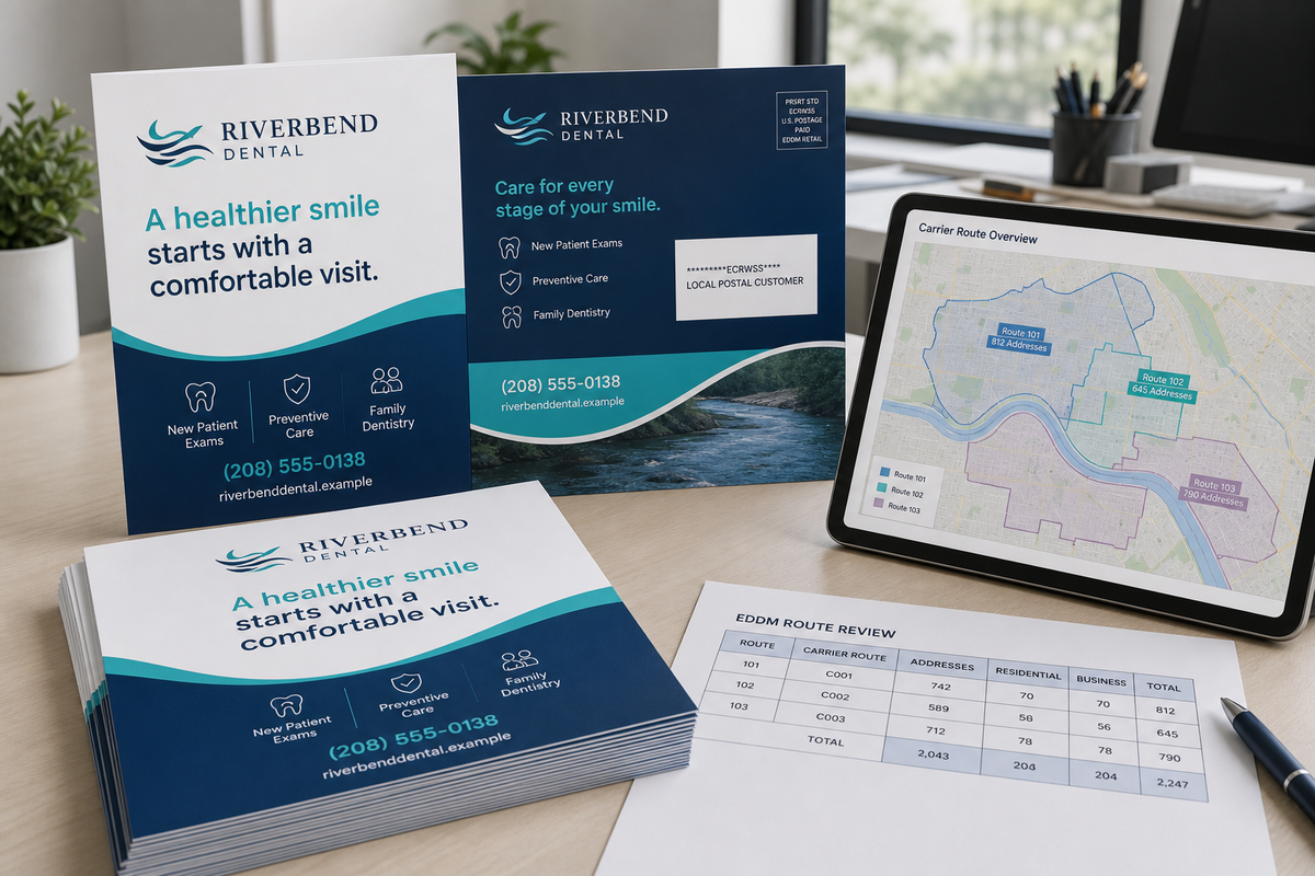 Product design example for Riverbend Dental showing 8.5 by 11 EDDM mailers with a carrier-route review workflow