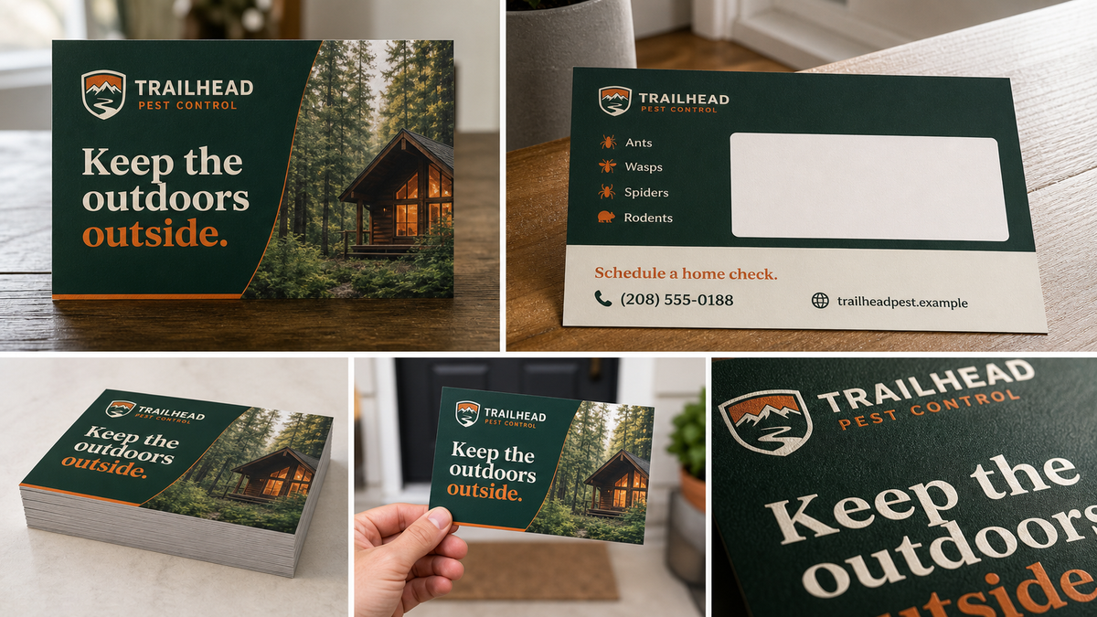 Product design example for Trailhead Pest Control showing 4 by 6 postcard front, back, address area, stock, and size