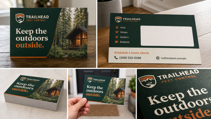 Product design example for Trailhead Pest Control showing 4 by 6 postcard front, back, address area, stock, and size