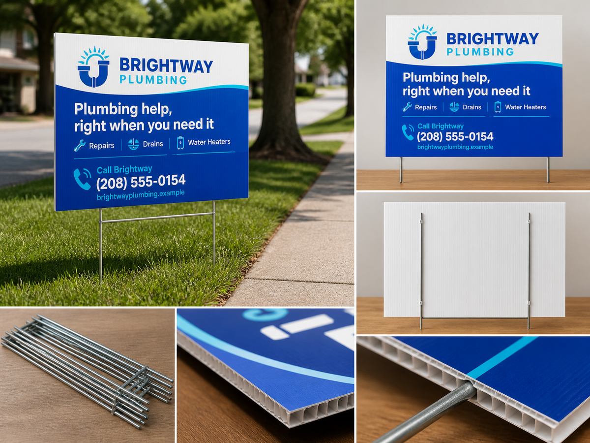 Product design example for Brightway Plumbing showing a 24 by 18 yard sign, H-stakes, back, and corrugated material detail