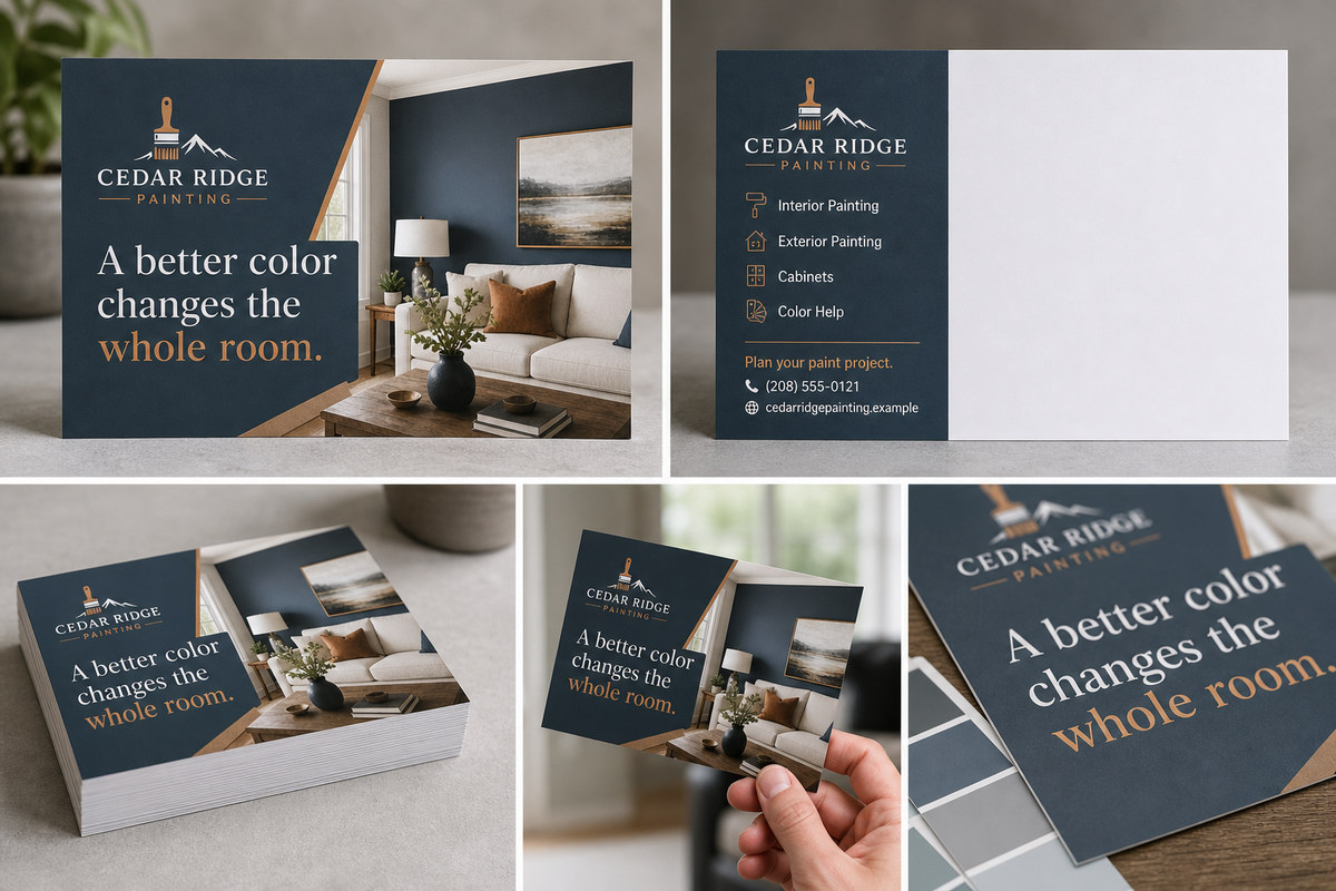 Product design example for Cedar Ridge Painting showing 4 by 6 postcard front, back, stack, and finish