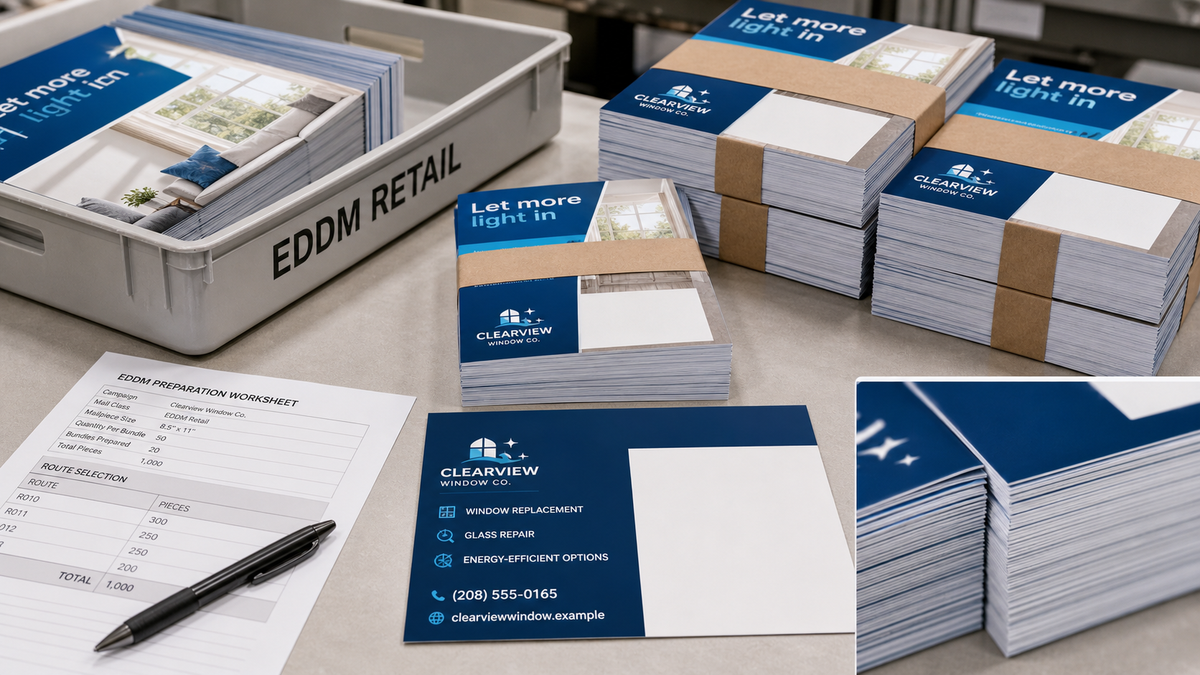 Product design example for Clearview Window Company showing EDDM counted bundles, preparation worksheet, tray, and stock