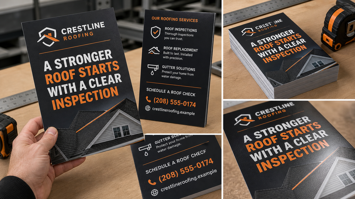 Product design example for Crestline Roofing showing 6 by 9 handouts with front, back, stack, and size context