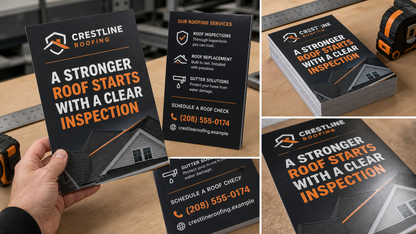 Product design example for Crestline Roofing showing 6 by 9 handouts with front, back, stack, and size context