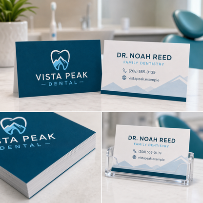 Product design example for Vista Peak Dental showing standard business cards in a professional office context