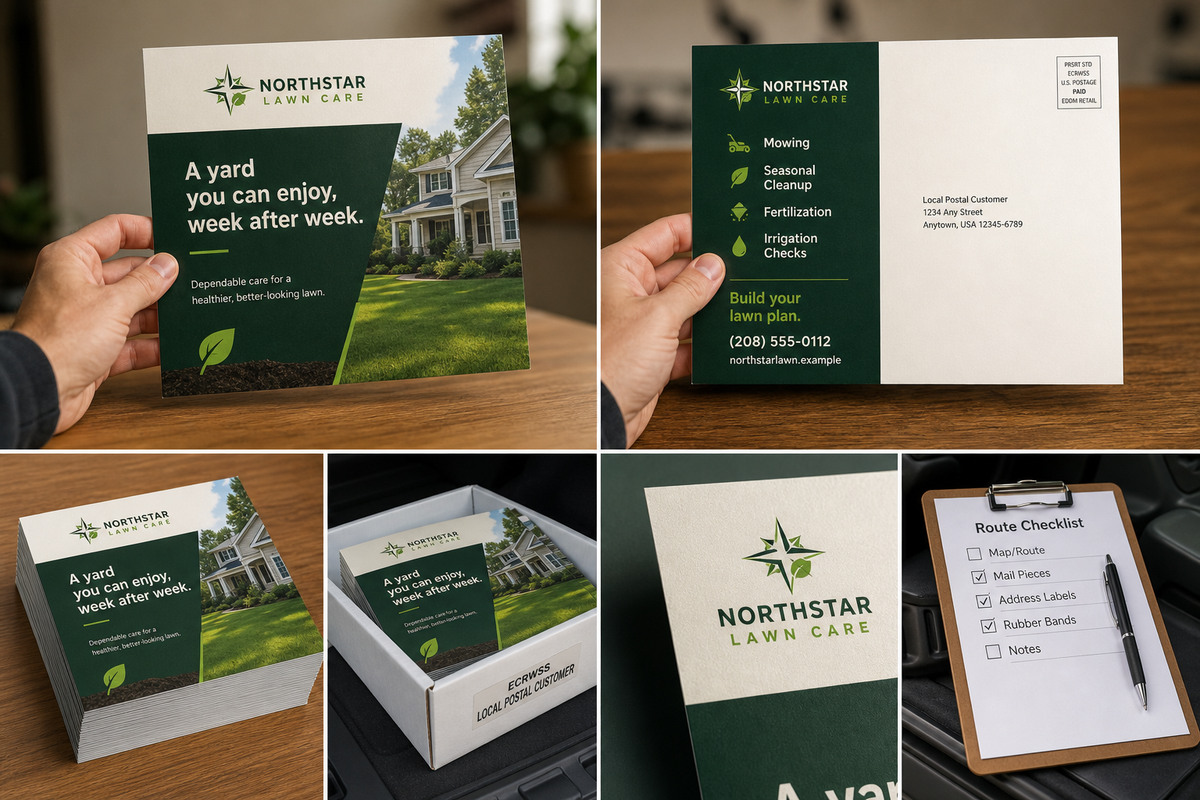 Product design example for Northstar Lawn Care showing 8.5 by 11 EDDM mailers, route checklist, tray, and finish