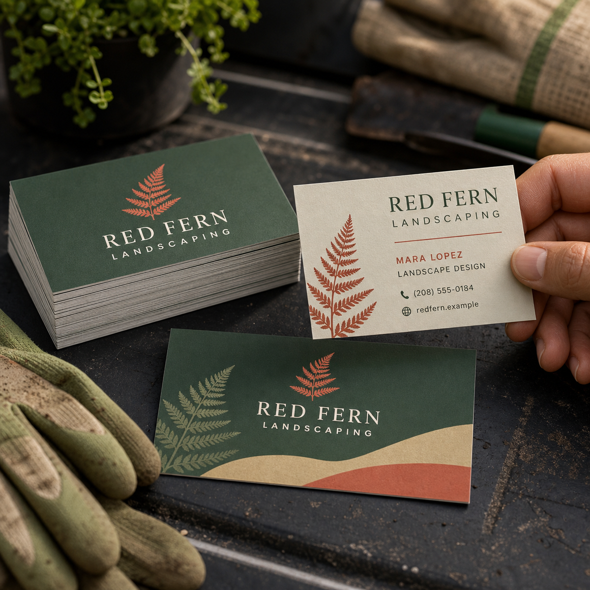 Product design example for Red Fern Landscaping showing standard business cards with size and finish context