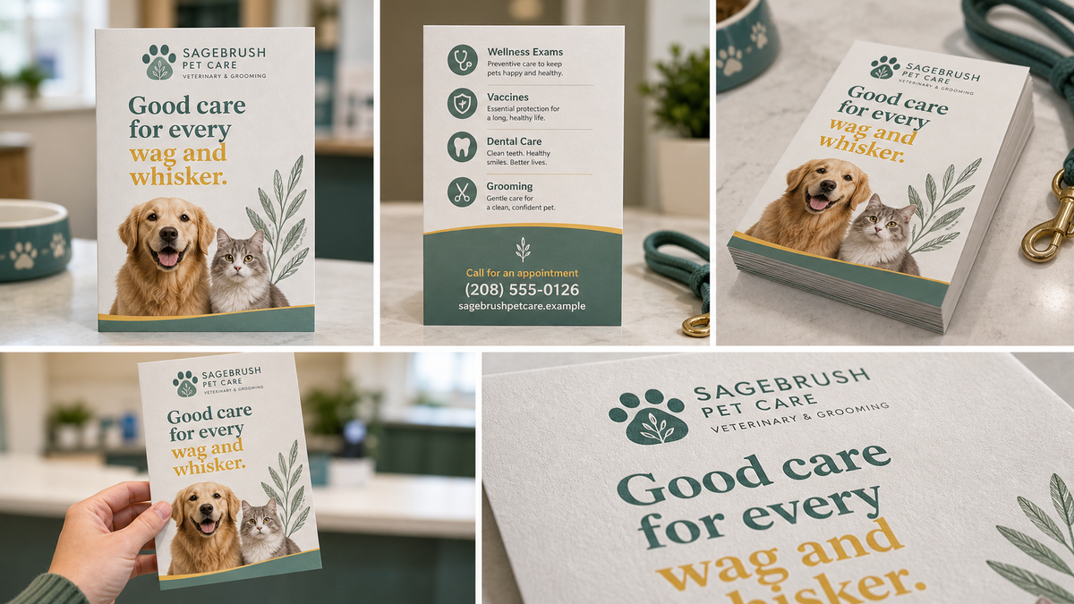 Product design example for Sagebrush Pet Care showing 5 by 7 handout front, back, stack, and print detail