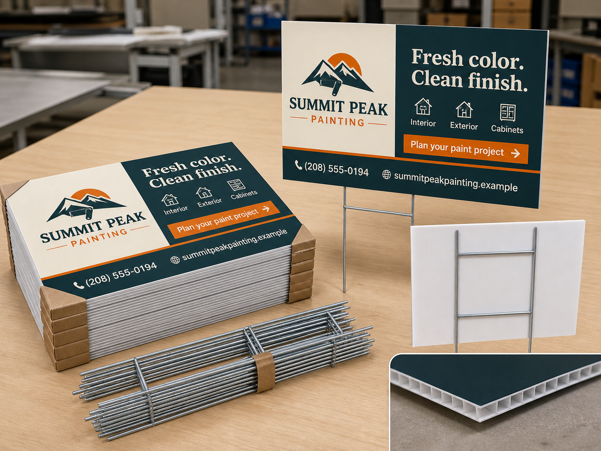 Product design example for Summit Peak Painting showing packaged 24 by 18 yard signs, bundled H-stakes, back, and fluted edge