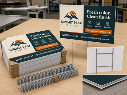Product design example for Summit Peak Painting showing packaged 24 by 18 yard signs, bundled H-stakes, back, and fluted edge