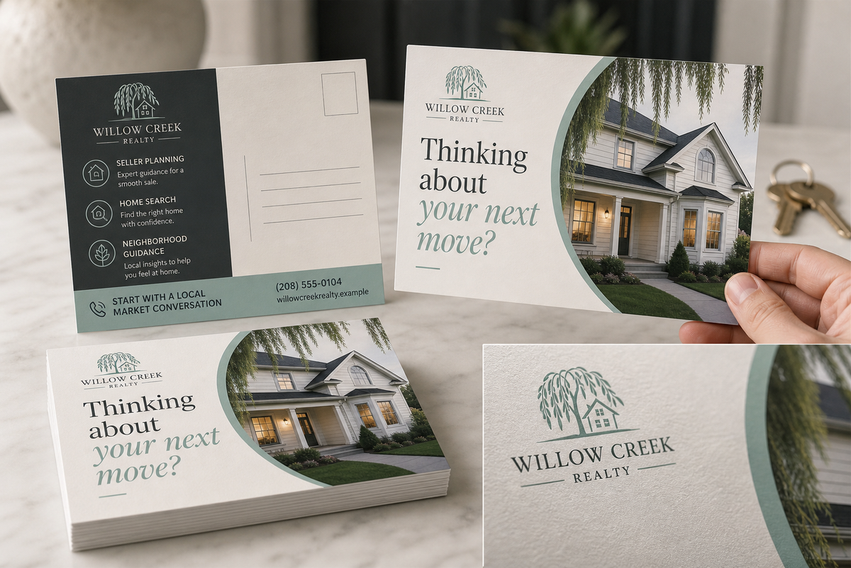 Product design example for Willow Creek Realty showing 4 by 6 postcard front, back, address area, and stock