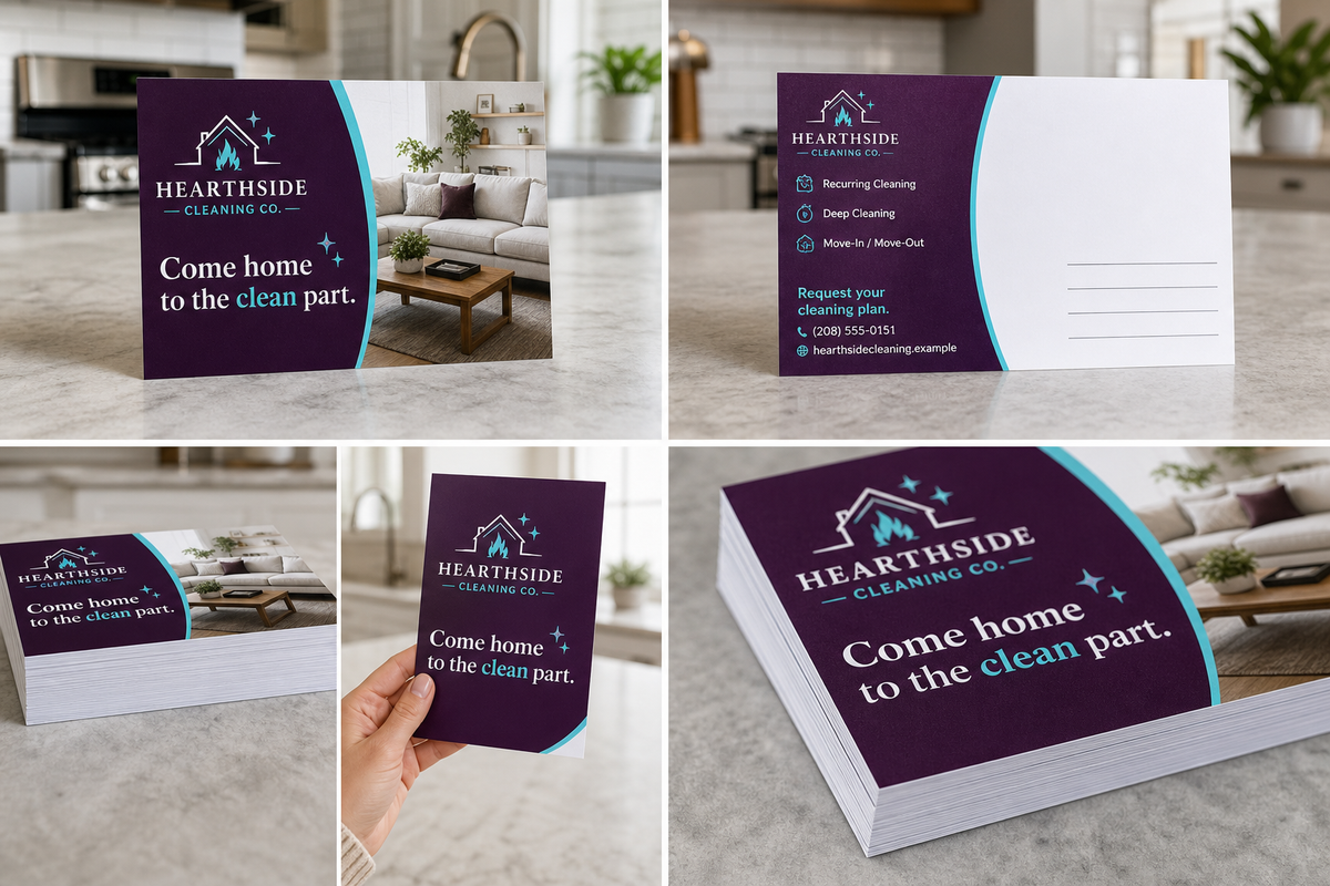 Product design example for Hearthside Cleaning showing 4 by 6 postcard front, back, stack, and size context