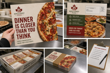 Product design example for Maple Street Pizza showing 8.5 by 11 EDDM mailers, bundles, postal tray, and drop checklist