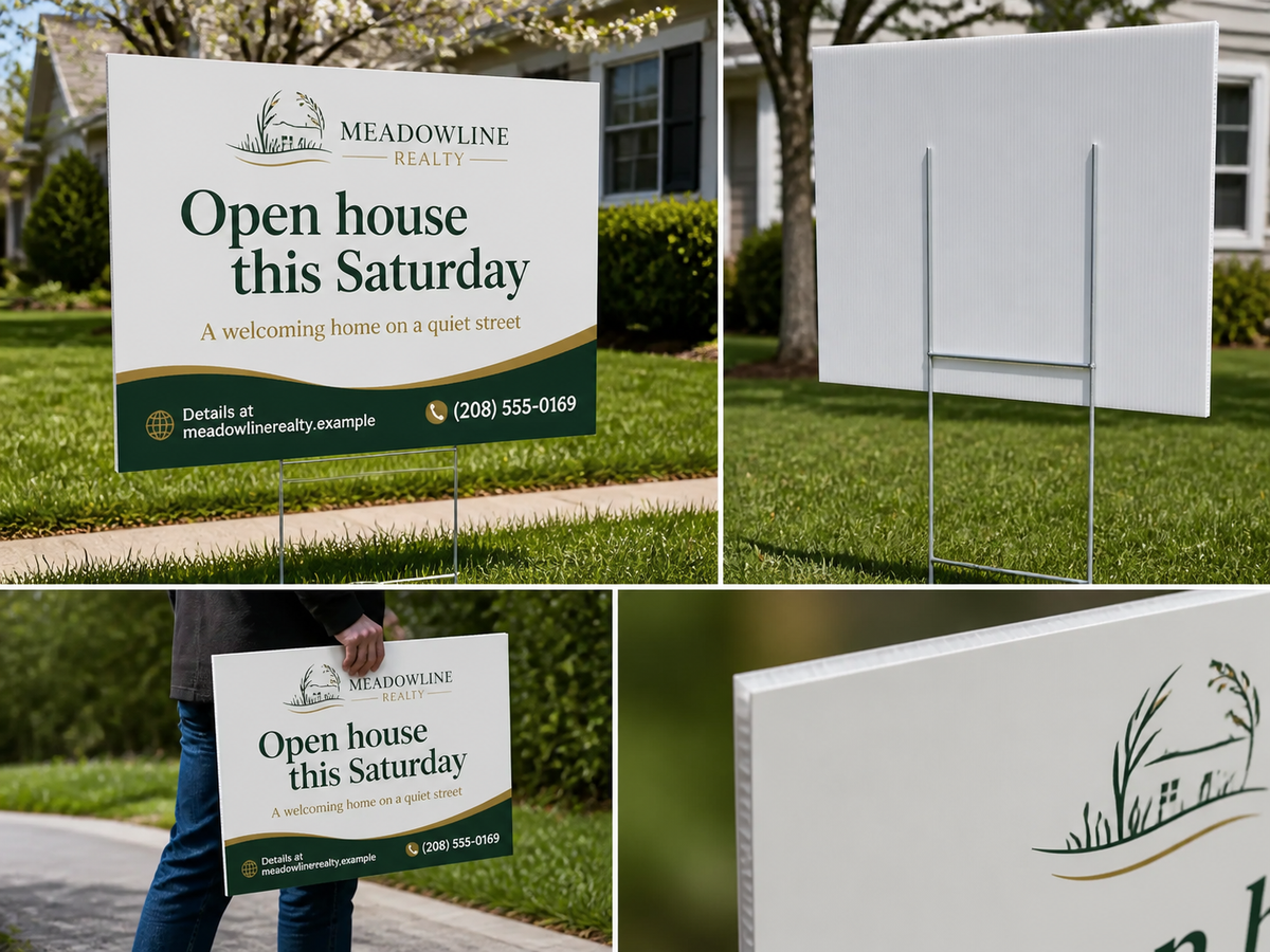 Product design example for Meadowline Realty showing a 24 by 18 yard sign installed, carried, from the back, and in close-up