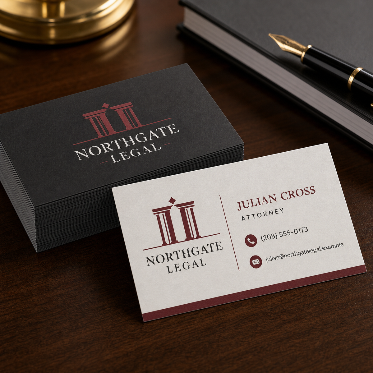 Product design example for Northgate Legal showing standard business card fronts, backs, and paper detail
