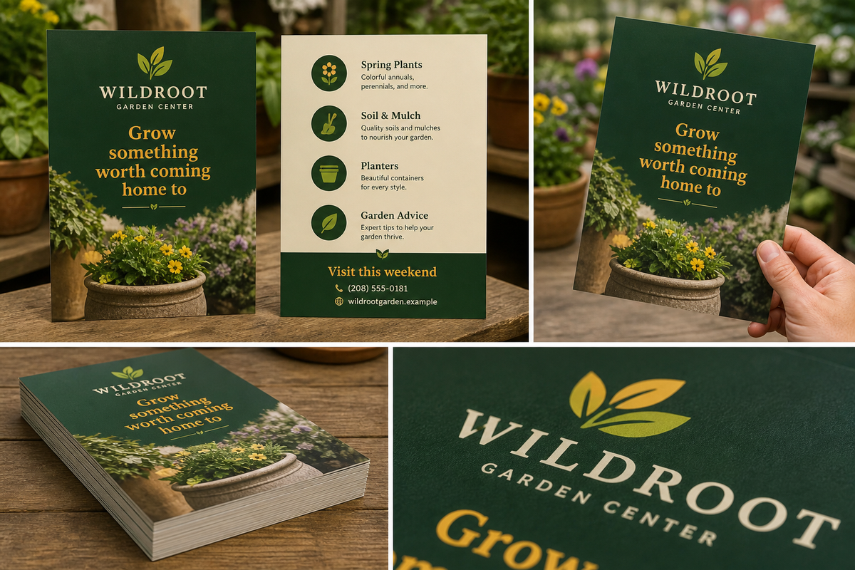 Product design example for Wildroot Garden Center showing 8.5 by 11 flyers with front, back, stack, and finish