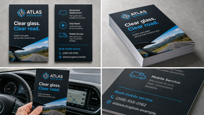 Product design example for Atlas Auto Glass showing handout front, back, stack, and use context