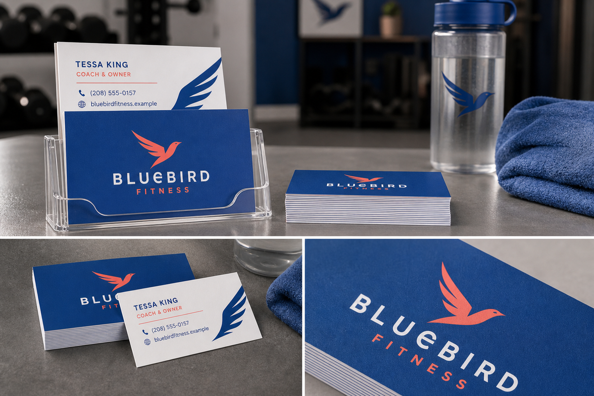 Product design example for Bluebird Fitness showing standard business cards in a holder, stack, and close-up