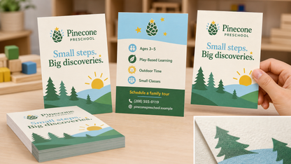 Product design example for Pinecone Preschool showing 4 by 6 handout front, back, stack, and paper detail