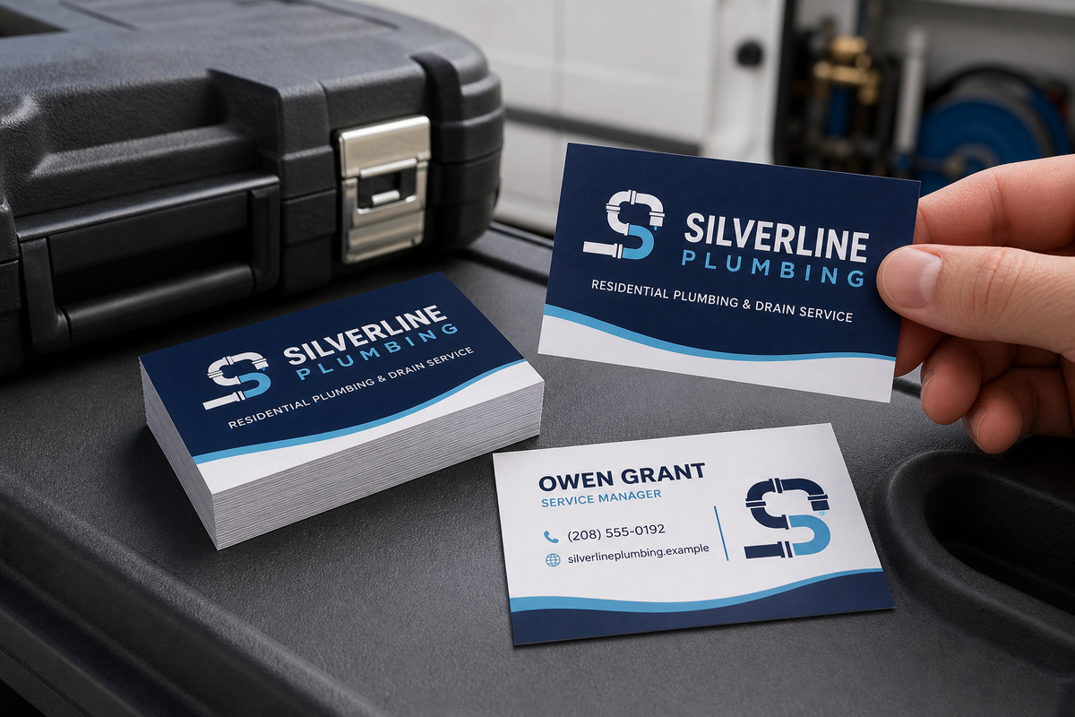 Product design example for Silverline Plumbing showing standard business cards in a trade-service context
