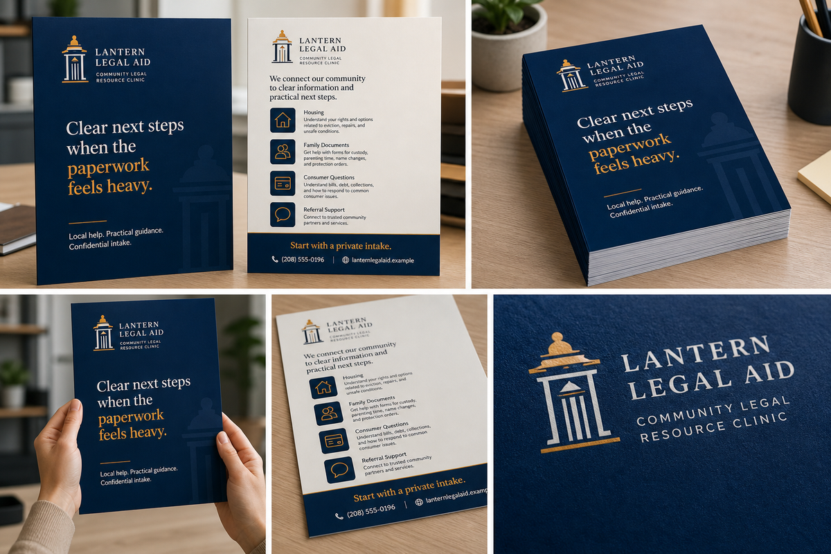 Product design example for Lantern Legal Aid showing 8.5 by 11 handout front, back, stack, and size context