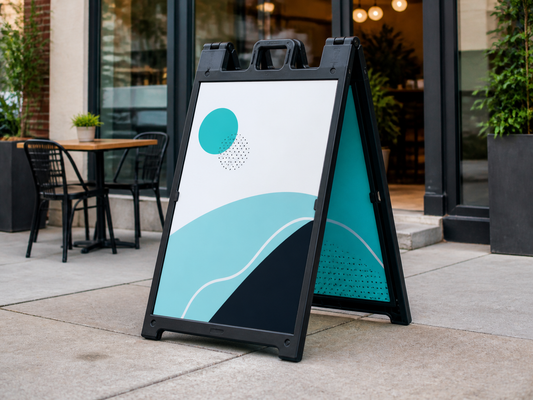 Double-sided A-frame sign outside a local business