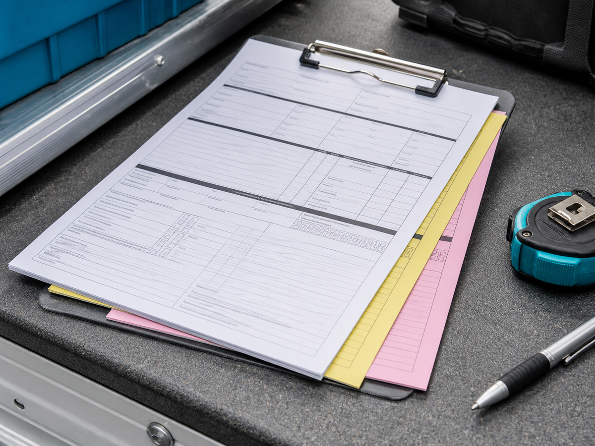 Three-part carbonless forms on a field-service clipboard