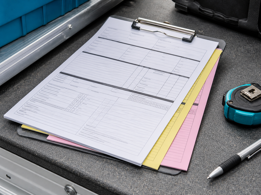 Three-part carbonless forms on a field-service clipboard