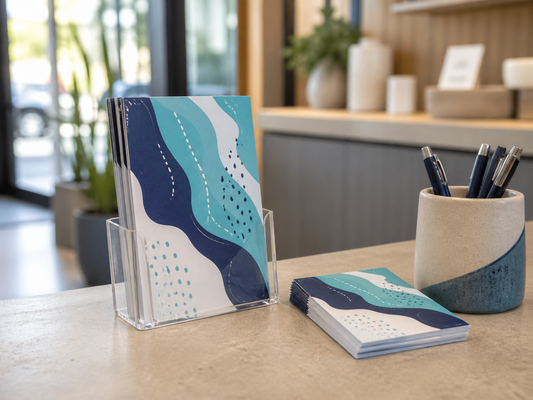 Compact custom handouts at a business reception counter