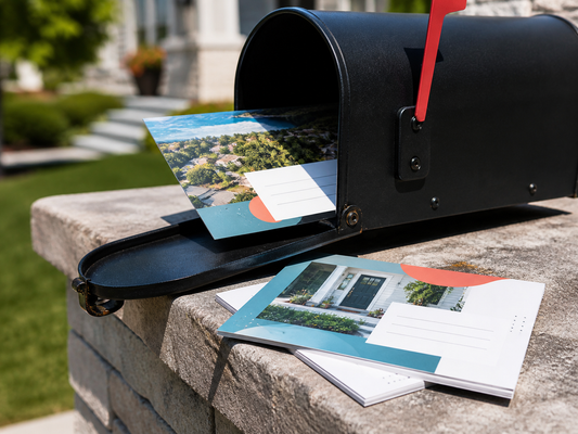 Custom postcards arriving in a neighborhood mailbox