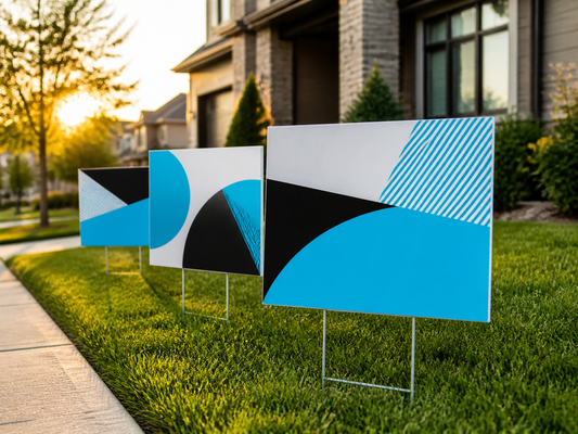 Custom yard signs installed along a neighborhood lawn