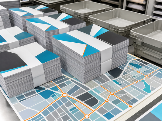 Bundled oversized EDDM mailers staged for neighborhood routes