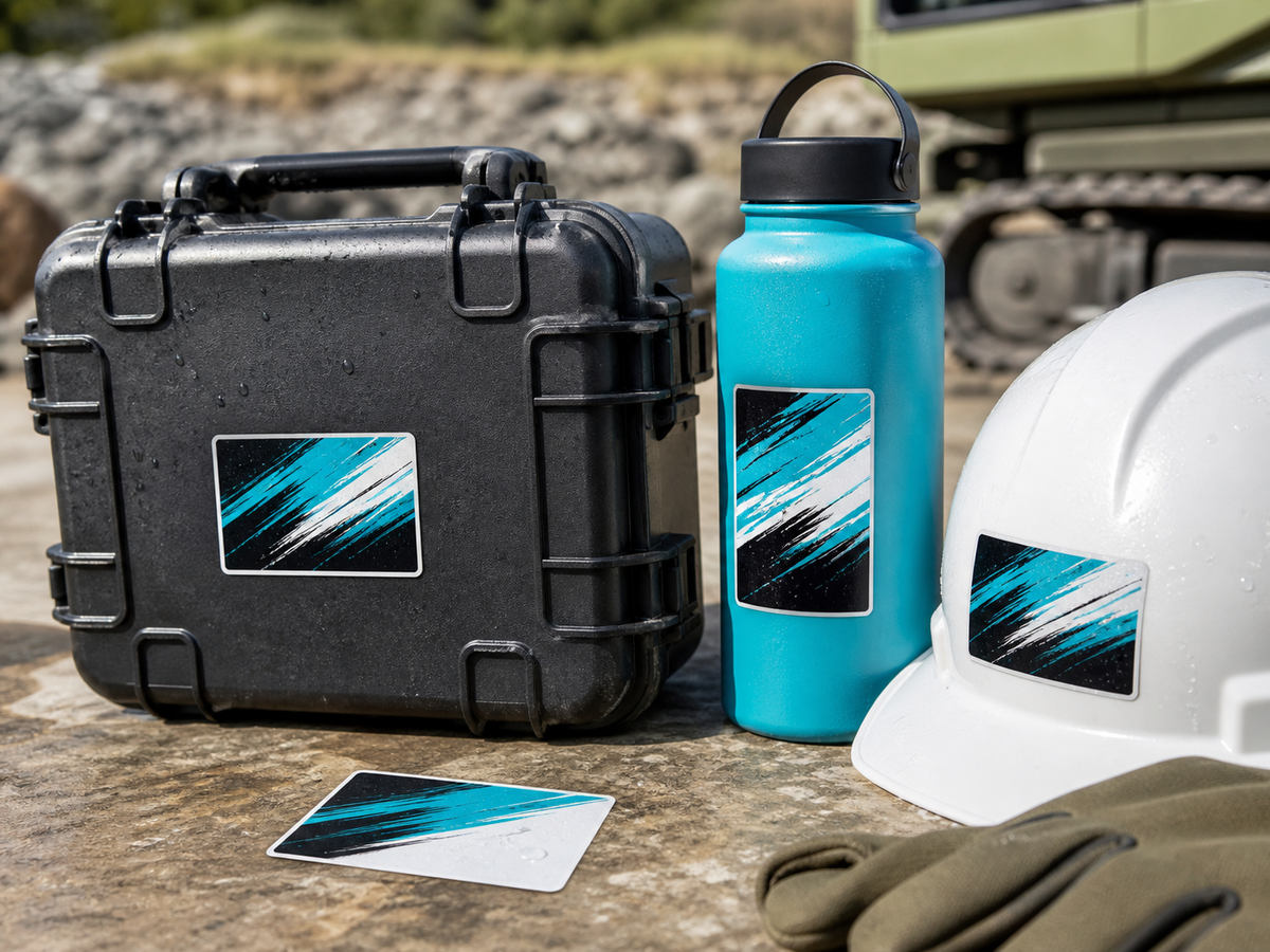 Durable outdoor stickers on a tool case, bottle, and hard hat